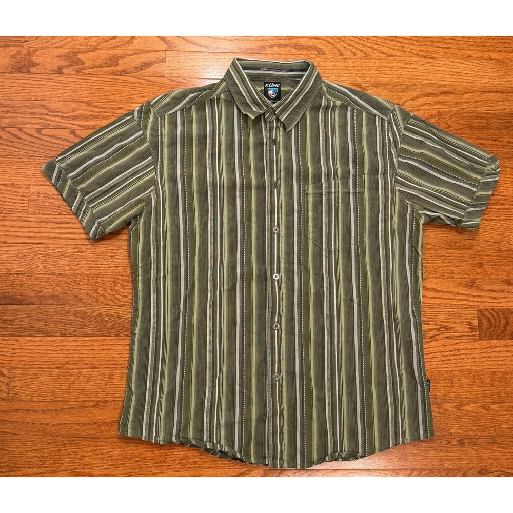 Kuhl Suncel Button Down Shirt Mens Large Green Striped Hiking Outdoor Casual